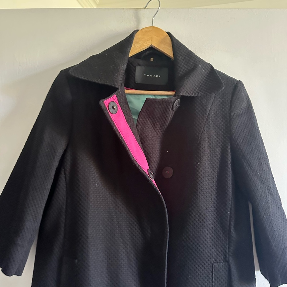 TAHARI Black Cotton Blend Textured 3/4 Sleeve Coat size XS - Picture 9 of 13